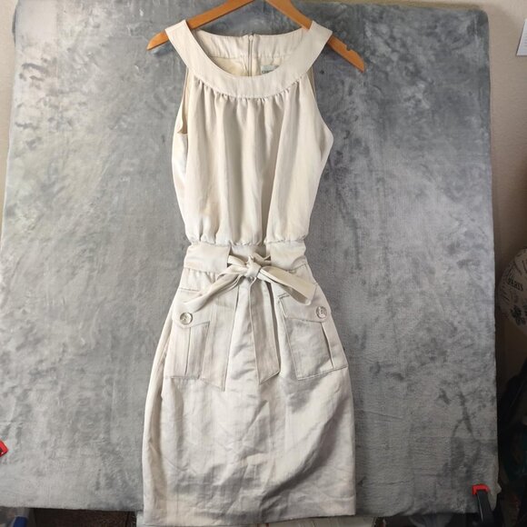 Chico's Dresses & Skirts - Chico's Womens Cream Sleeveless Belted Sheath Dress Pockets Size 1(S) Scoop Neck